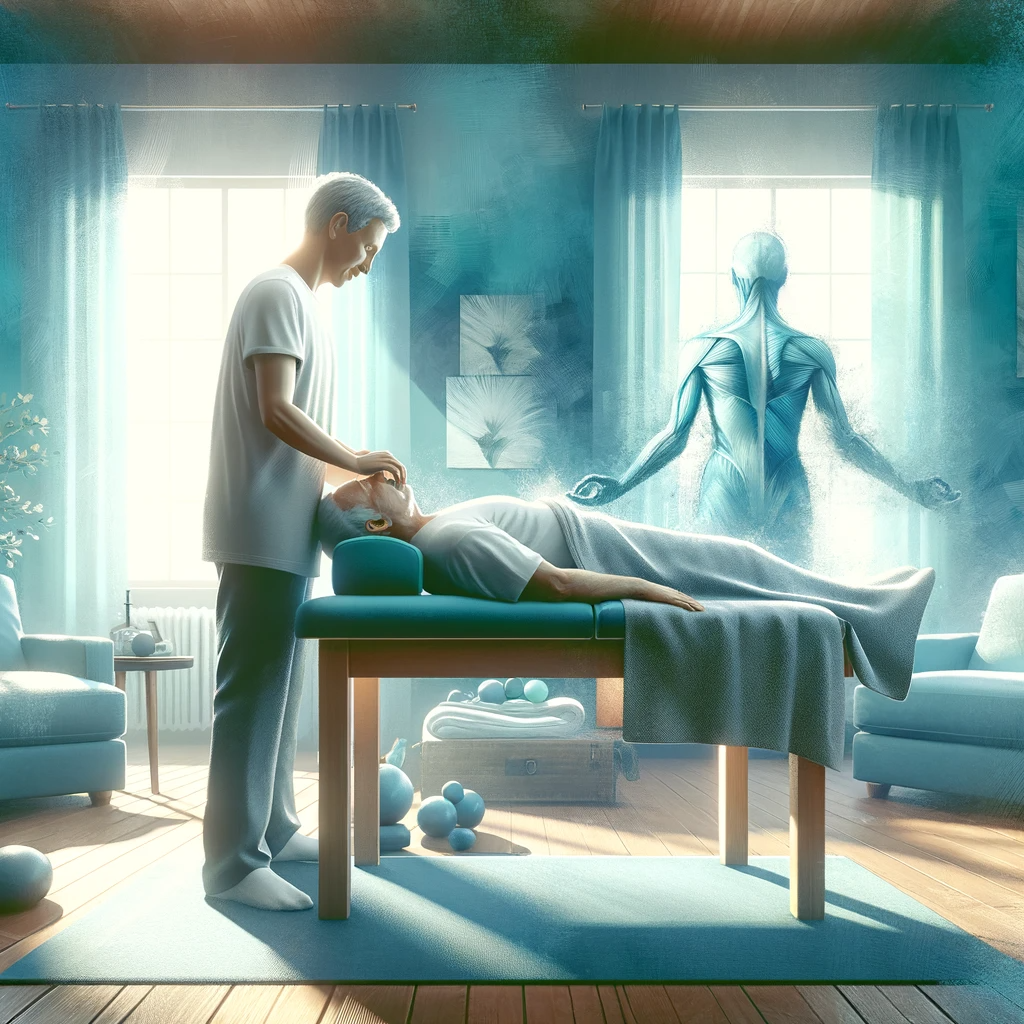 Thérapeute pratiquant la fasciathérapie sur un patient allongé.