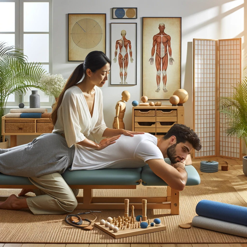 wellness-38 Thérapeute pratiquant la fasciathérapie sur un patient allongé dans une salle de soin.