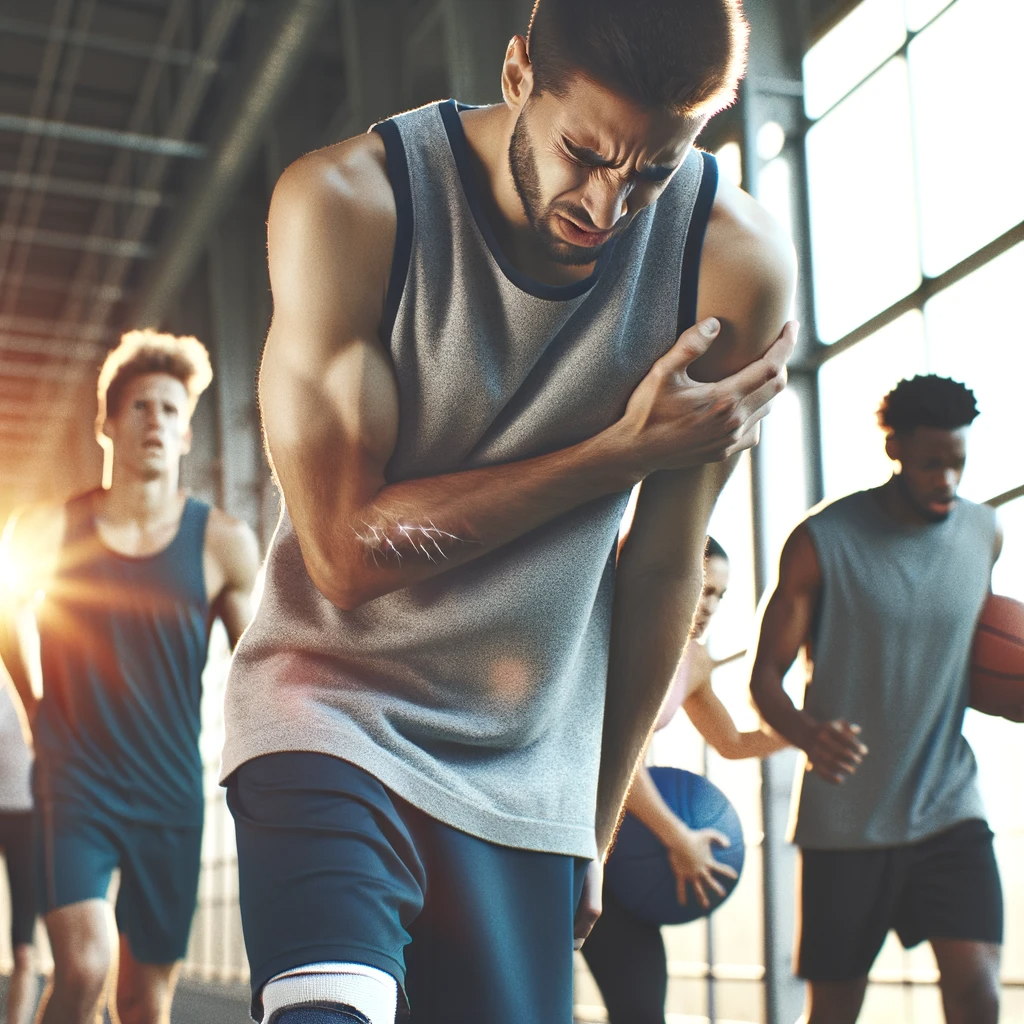 Joueur de basket souffrant d'une douleur à l'épaule sur le terrain.