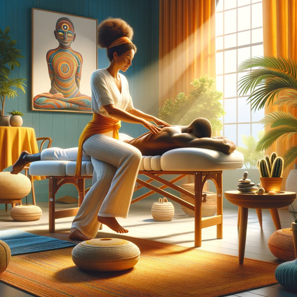 Thérapeute effectuant un massage dans une salle lumineuse et paisible.