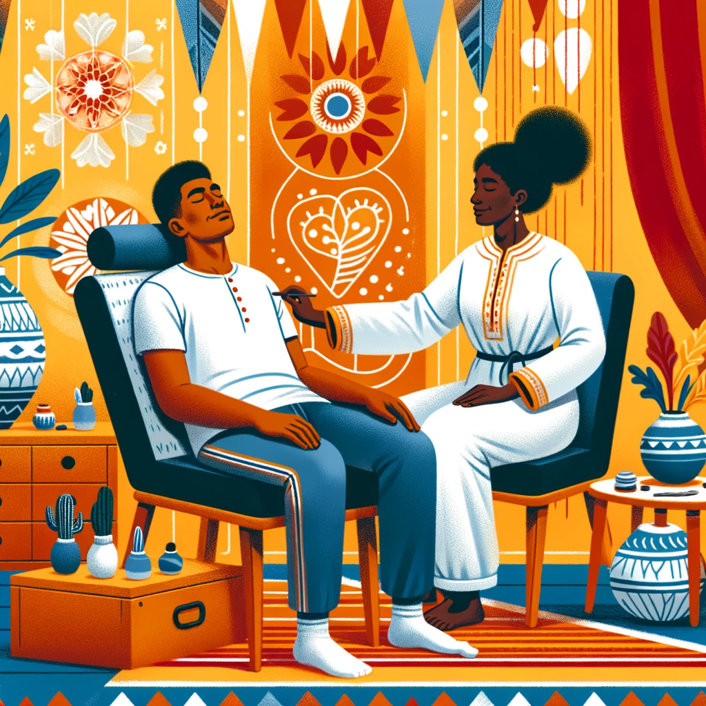 Une femme effectue une thérapie manuelle sur un homme dans un décor vibrant.