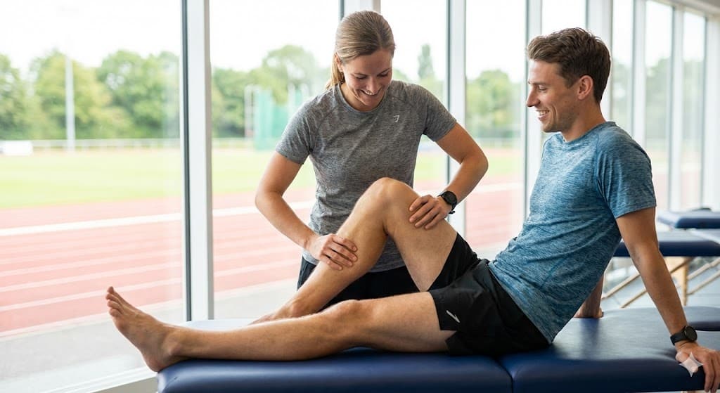 wellness-38 Physiothérapeute examinant la jambe d'un patient souriant dans un centre sportif.