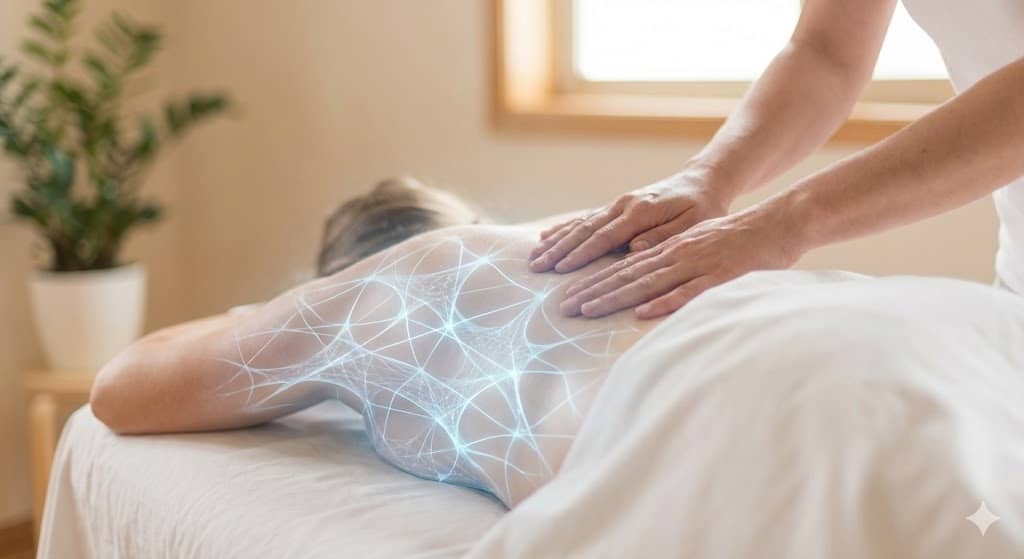 wellness-38 Personne recevant un massage avec des effets lumineux sur le dos.